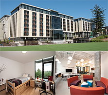 An exterior view of the student housing property in Burnaby, British Columbia, a furnished bedroom, and a study room.